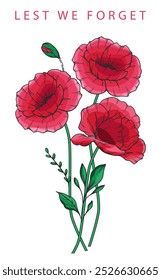 Remembrance day banner template design. Lest we Forget.Poppy Flower Vector Illustration. Red Poppies. Botanical Background. Hand drawn floral background template.  Poppy Bouquet. 