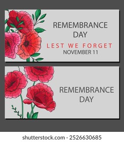 Remembrance day banner template design. Lest we Forget.Poppy Flower Vector Illustration. Red Poppies. Botanical Background. Hand drawn floral background template.  Poppy Bouquet. 