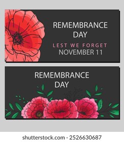 Remembrance day banner template design. Lest we Forget.Poppy Flower Vector Illustration. Red Poppies. Botanical Background. Hand drawn floral background template.  Poppy Bouquet. 