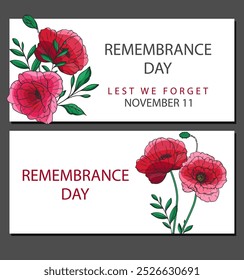 Remembrance day banner template design. Lest we Forget.Poppy Flower Vector Illustration. Red Poppies. Botanical Background. Hand drawn floral background template.  Poppy Bouquet. 