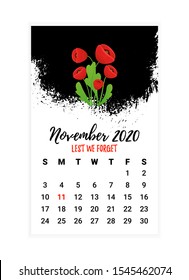 Remembrance Day Calendar Page. Red Poppy flower - International symbol of peace. November month. Memorial banner, poster, flyer layout, brochure, frame, web header. Black messy grunge texture. Vector