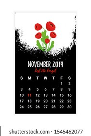 Remembrance Day Calendar Page. Red Poppy flower - International symbol of peace. November month. Memorial banner, poster, flyer layout, brochure, frame, web header. Black messy grunge texture. Vector