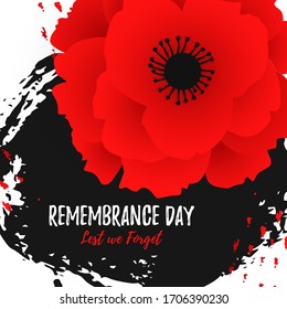 Remembrance day card with a bright red poppy flower. Lest we forget lettering. Anzac day text on hand drawing ink of paint. Vector Illustration