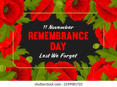 Remembrance Day card. Lest We forget. Frame of cartoon red poppy flowers, international symbol of peace, on black background. Vector Illustration