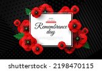 Remembrance Day card, Memorial Anzac flyer template with paper cut poppy flowers border, square frame. Vector illustration. Red floral design for posters, brochures vouchers. Place for text