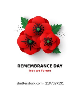 Remembrance Day card, voucher and minimal poster, Memorial Anzac poppy flowers, paper cut style isolated icon. Vector illustration. Lest we forget text. Armistice appeal