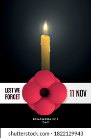 Remembrance day concept poster with a poppy flower and light candle. Stock vector illustration for November 11th. Lest we forget.