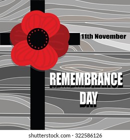 Remembrance Day - Cross with Poppy flower silhouette on wooden desk. November  holiday. Poppy Day illustration. Armistice Day vector background.For memorial day.Vintage.