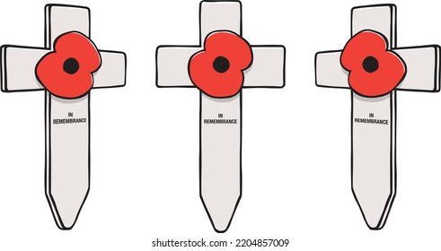 Remembrance Day crosses each with a red poppy in a hand drawn vector line illustration style.