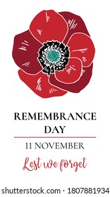 Remembrance day design template with poppy flower. Hand drawn vector sketch illustration on white background