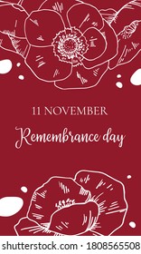 Remembrance day design template with poppy flowers and title. Hand drawn vector outline sketch illustration