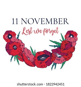 Remembrance day design template with red poppy wreath. Hand drawn vector sketch illustration on white background