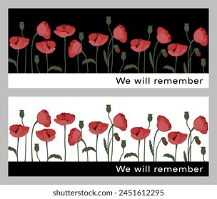 Remembrance day flat background concept illustration. We will remember banner. Poppy flower vector.