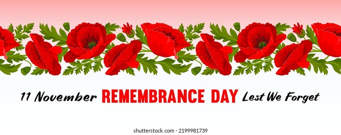 Remembrance Day greeting banner. Lest We forget. Horizontal banner with pattern of cartoon red poppy flowers, international symbol of peace, and text on pink and white background. Vector Illustration