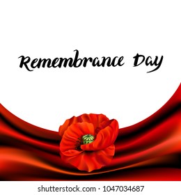 Remembrance Day greeting card. Beautiful realistic red poppy flower on red background with lettering.Illustration of a victory day with a red poppy for design.