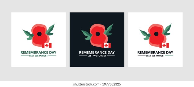 Remembrance day greeting card set with red poppy as a international symbol of peace. Remembrance day greeting car for Canada. Canadian event.