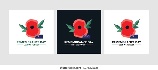 Remembrance day greeting card set with the red poppy as an international symbol of peace. Remembrance day greeting card for New Zealand. Anzac day. New Zealander event.