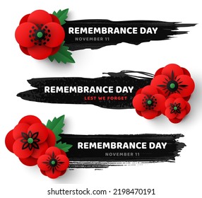 Remembrance Day header template, black brush paint strokes, Memorial Anzac banner set, paper cut poppy flowers border frame. Vector illustration. Craft floral tag label design. Lest we forget