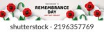 Remembrance Day header, voucher template, Memorial Anzac card flyer, paper cut poppy flowers in clouds, border frame. Vector illustration. Craft spring design, posters brochures. Place for text