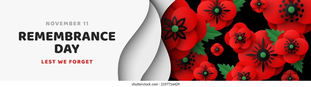 Remembrance Day header or voucher template, Memorial Anzac card flyer, paper cut poppy flowers and leaves border frame. Vector illustration. Craft floral design for posters, brochures. Place for text