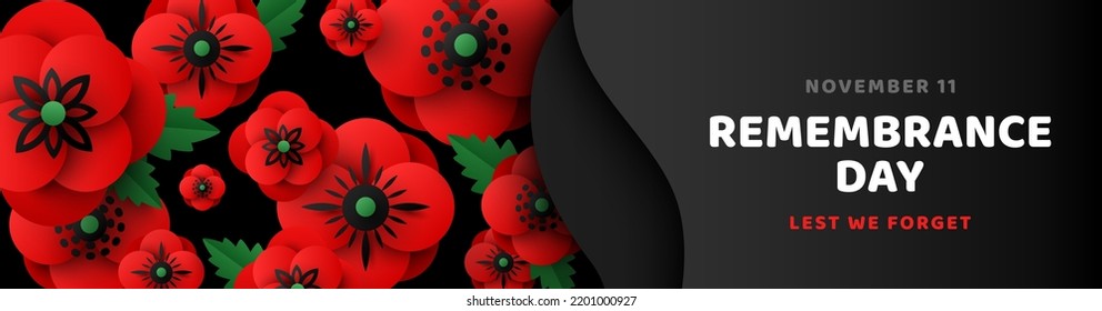 Remembrance Day header or voucher template, Memorial Anzac card flyer, paper cut poppy flowers and leaves border frame. Vector illustration. Craft floral design for posters, brochures. Lest we forget