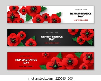 Erinnerung Tag horizontalen Banner Set. Memorial Anzac Karten Flyer, Header oder Gutschein Vorlage, Papier geschnitten Mohn Blumen Rahmen Rahmen. Vektorgrafik. Blumenmuster von Kunsthandwerk. Damit wir es nicht vergessen, Waffenstillstand