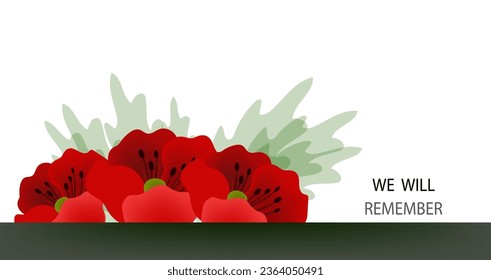 Remembrance Day horizontal cartoon banner. Lest We forget. Red poppy flowers. 