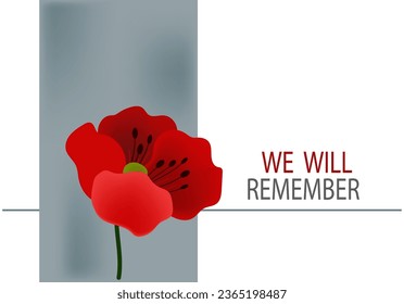 Remembrance Day horizontal cartoon banner. Lest We forget. Red poppy flowers. 