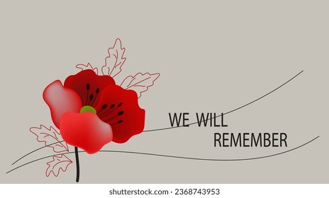 Remembrance Day horizontal cartoon banner. Lest We forget. Red poppy flowers. 