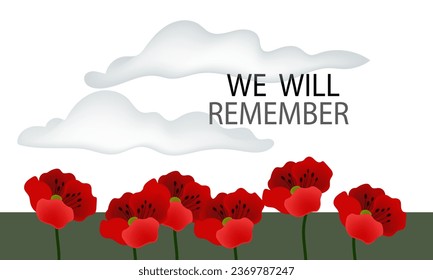 Remembrance Day horizontal cartoon banner. Lest We forget. Red poppy flowers. 