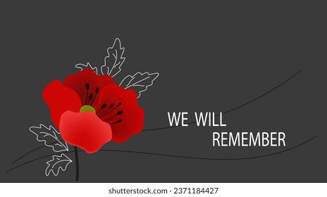 Remembrance Day horizontal cartoon banner. Lest We forget. Red poppy flowers. 