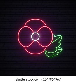 Remembrance Day also known as Poppy Day. Anzac Day neon signboard. Neon Poppy symbol. Stock vector illustration.