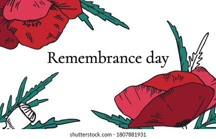 Remembrance day landscape design template with color poppy flowers. Hand drawn vector sketch illustration