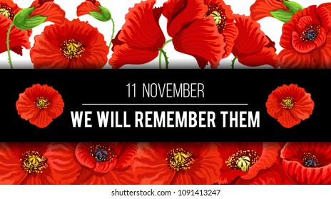 Remembrance Day Lest We Forget 11 November Greeting Banner Or Card Of Poppy Flowers And Quote On Black Memory Ribbon. Vector Poppy Design For Commonwealth Armistice Freedom And Veterans Commemoration