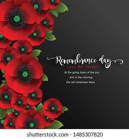 Remembrance day lest we forget. realistic red poppy flower international symbol of peace with paper cut art and craft style on color background.