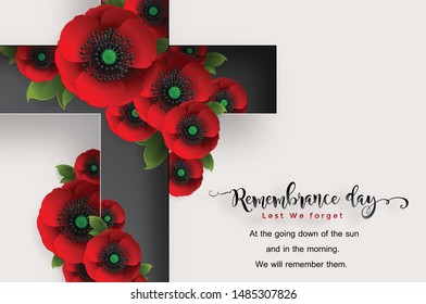 Remembrance day lest we forget. realistic red poppy flower international symbol of peace with paper cut art and craft style on color background.