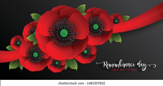 Remembrance day lest we forget. realistic red poppy flower international symbol of peace with paper cut art and craft style on color background.