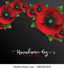 Remembrance day lest we forget. realistic red poppy flower international symbol of peace with paper cut art and craft style on color background.