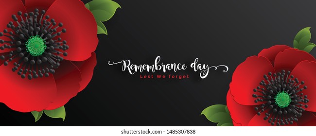 Remembrance day lest we forget. realistic red poppy flower international symbol of peace with paper cut art and craft style on color background.