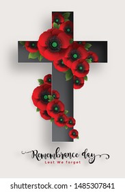 Remembrance day lest we forget. realistic red poppy flower international symbol of peace with paper cut art and craft style on color background.