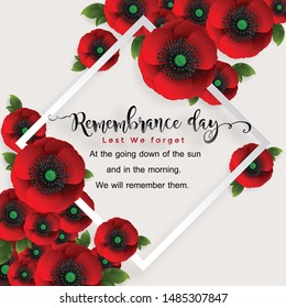 Remembrance day lest we forget. realistic red poppy flower international symbol of peace with paper cut art and craft style on color background.