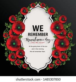 Remembrance day lest we forget. realistic red poppy flower international symbol of peace with paper cut art and craft style on color background.