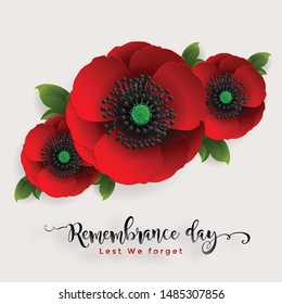 Remembrance day lest we forget. realistic red poppy flower international symbol of peace with paper cut art and craft style on color background.