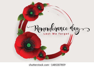 Remembrance day lest we forget. realistic red poppy flower international symbol of peace with paper cut art and craft style on color background.