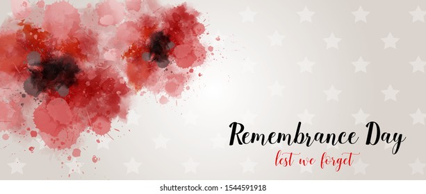 Remembrance Day. Lest we forget. Banner with abstract watercolor painted poppies - remembrance day symbol. Horizontal holiday banner tempalte