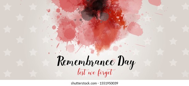 Remembrance Day. Lest we forget. Banner with abstract watercolor painted poppy - remembrance day symbol. Horizontal holiday banner template