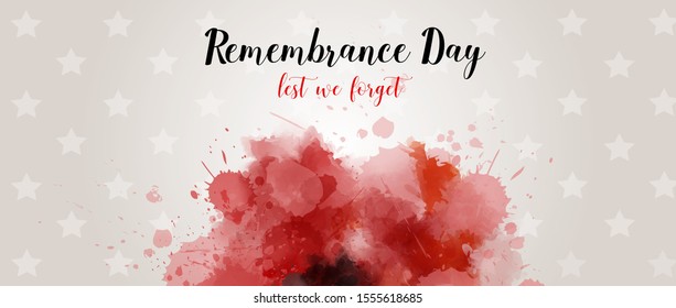 Remembrance Day. Lest we forget. Banner with abstract watercolor painted poppy - remembrance day symbol. Horizontal holiday banner tempalte