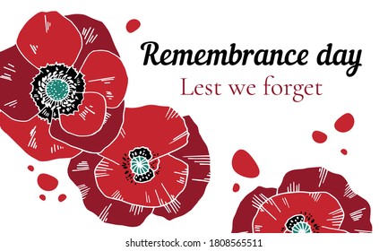 Gedenktag Lest wir vergessen Design-Vorlage mit roten Mohnblumen. handgezeichnete Vektorgrafik auf weißem Hintergrund