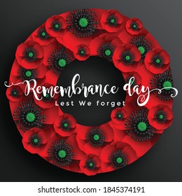 Remembrance day lest we forget. realistic red poppy flower international symbol of peace with paper cut art and craft style on color background.