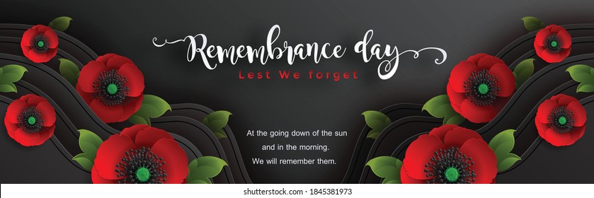 Remembrance day lest we forget. realistic red poppy flower international symbol of peace with paper cut art and craft style on color background.